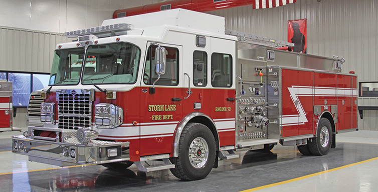 Toyne—Storm Lake (IA) Fire Department pumper. Spartan Metro Star cab and chassis; Cummins ISL9 450-hp engine; Waterous 1,250-gpm pump; UPF Poly 1.500-gallon tank; 25-gallon foam cell; 2,100-gallon portable tank; Harrison 15-kW generator; TFT XFT-NJ monitor; Foam Pro 2002 Class A foam system. Dealer: Dale Derner, Toyne Inc., Breda, IA.