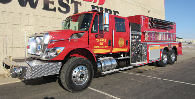 Midwest Fire—Grape Creek Volunteer Fire Department, San Angelo, TX, pumper-tanker. International 7400 SBA cab and chassis; Cummins L9 350-hp engine; Hale Qflo 1,250-gpm pump; APR 3,000-gallon polypropylene tank; three Newton 10-inch square stainless-steel dump valves with chutes; Zico electric portable tank carrier; All-Poly™ construction. Dealer: Jeff Bowen, Midwest Fire, Luverne, MN.