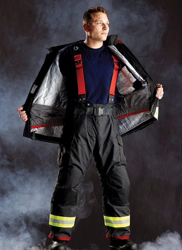 Lion’s turnout gear blocks particulate contamination in the coat/pant interface area through Core Guard, an elastic from the coat that overlaps the top of the pant when closed. Courtesy of Lion.