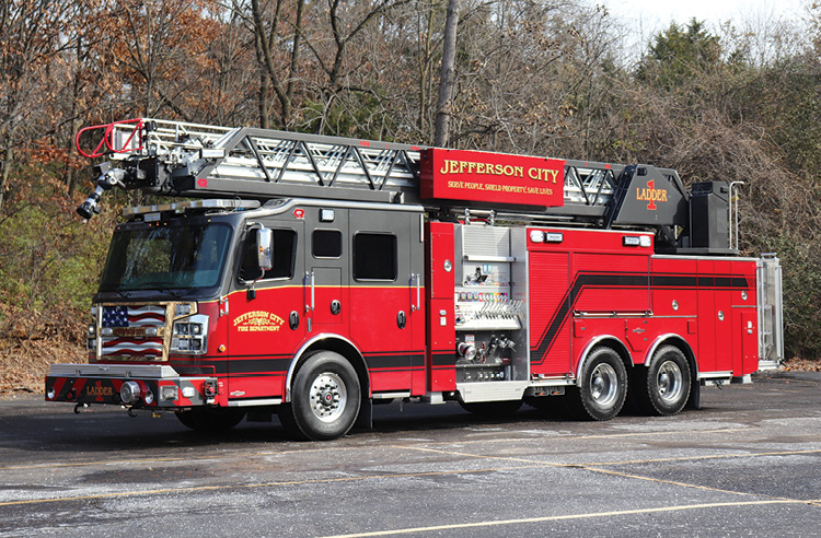 Rosenbauer—Jefferson City (MO) Fire Department Viper 109-foot rear-mount aerial quint. Commander 6508 cab and chassis; Cummins ISX15 600-hp engine; Waterous S100 1,750-gpm pump; Pro Poly 500-gallon polypropylene water tank; 40-gallon foam cell for future foam system. Dealer: Brian Franz, Sentinel Emergency Solutions, Arnold, MO.