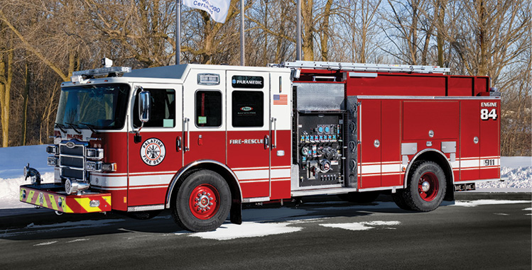 Pierce—Palatine (IL) Fire Department pumper. Enforcer cab and chassis; Cummins L9 450-hp engine; Hale Qmax-XS 1,500-gpm pump; UPF Poly 750-gallon water tank; Harrison 8-kW generator. Dealer: John Kenna, Global Emergency Products, Aurora, IL.