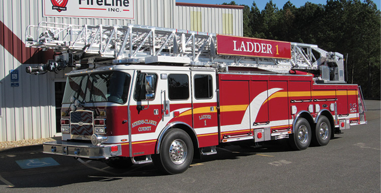 ONE—Athens-Clarke County Fire Department, Athens, GA, 137-foot rear-mount aerial ladder. Cyclone II cab and chassis; Cummins ISX12 500-hp engine; Smart Power 10-kW generator; tallest aerial ladder in the state of Georgia. Dealer: Ryan McDonel, FireLine Inc., Winder, GA.