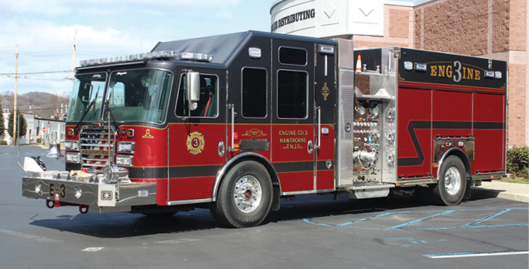 KME—Hawthorne (NJ) Fire Department pumper. Predator XLFD cab and chassis; seating for 10; Cummins ISX15 505-hp; Waterous CSU-C20 2,000-gpm pump; UPF Poly 750-gallon water tank; Warn 9,000-lb. portable winch; Lock-N-Load hosebed cover; FRC 360-degree rear camera system; FRC Spectra Max LED scene lights. Dealer: Kevin Todd, First Priority Emergency Vehicles, Manchester Township, NJ. (Photo by Ron Jeffers.)