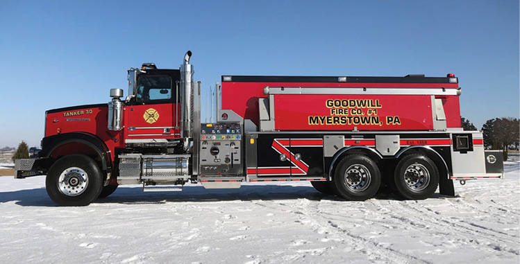 Alexis—Goodwill Fire Company #1, Myerstown, PA, tanker. Western Star 4900F two-door cab and tandem-axle chassis; Cummins X15 505-hp engine; heavy-duty stainless-steel body and subframe; 3,000-gallon polypropylene water tank; 3 Newton 10-inch square electric dump valves; Hale DSD 1,250-gpm pump; two Ziamatic hydraulic folding tank brackets for 2,500-gallon folding tanks. Dealer: Rick Debrosse, MJR Equipment, Harrisburg, PA.