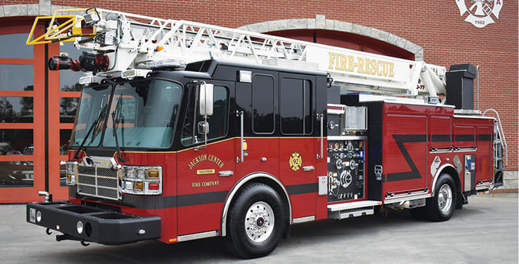 Ferrara—Jackson Center (PA) Fire Company 77-foot aerial ladder quint. Cinder cab and chassis; Cummins ISL9 450-hp engine; Hale Qmax 1,750-gpm pump; 500-gallon polypropylene water tank; heavy-duty three-section 100,000-psi steel construction aerial ladder; 500-pound tip load flowing 1,500-gpm; Elkhart 8294 1,500-gpm monitor. Dealer: Ryan Schultz, Kaler Fire Equipment, Hatfield, PA.