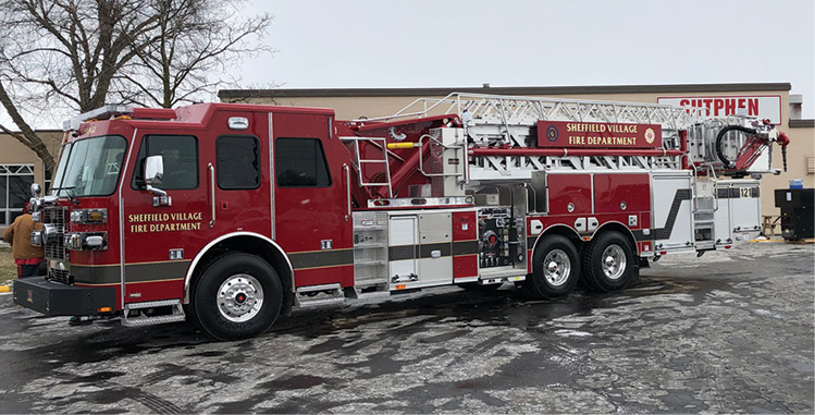 Sutphen—Sheffield Village (OH) Fire Department SPH 100-foot aerial platform quint. Monarch cab and chassis; Cummins ISX12 500-hp engine; Hale Qmax 1,500-gpm pump; UPF Poly 300-gallon water tank; stainless steel body and subframe; FRC LED scene lights; Onan 8-kW generator; Parapet ladder and Stokes basket storage on platform. Dealer: Ray Capezzuto, Herb Fire Equipment, Powell, OH.