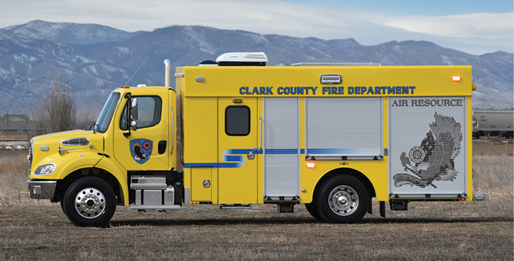 SVI—Clark County Fire Department, Las Vegas, NV, air/light unit. Freightliner M2 cab and chassis; Cummins L9 450-hp engine; 18-foot walk around body length; Bauer model K-22 air compressor skid; Bauer 3-position SCBA fill station; OnScene Solutions LED compartment lighting and aluminum cargo slides; onboard lavatory; Engel 12-VDC electric refrigerator/freezer. Dealer: Travis Grinstead, Emergency Vehicle Group Inc., Anaheim, CA.