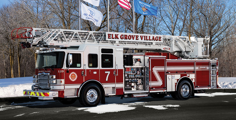 Pierce—Village of Elk Grove Fire Department 107-foot Ascendant aerial ladder quint. Enforcer cab and chassis; Detroit DD13 525-hp engine; Waterous CSU 2,000-gpm pump; UPF Poly 500-gallon water tank; 30-gallon foam cell; Pierce Husky 3 Class B foam system; Harrison 6-kW generator. Dealer: Rick Berndt, Global Emergency Products, Aurora, IL.