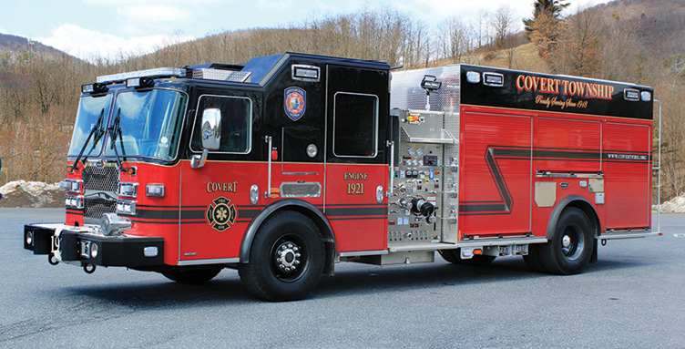 KME—Covert Township (MI) Fire Department pumper. 100-inch Panther cab and chassis; Cummins L9 450-hp engine Waterous CSU C20 1,500-gpm pump; UPF Poly 1,800-gallon water tank; 20-gallon foam cell; Waterous Aquis 1.5 Class A foam system; Lock-N-Load hosebed cover; ROM roll-up compartment doors; Harrison 8-kW generator. Dealer: Chris Payette, Payette Sales & Service, Grosse ILE, MI.