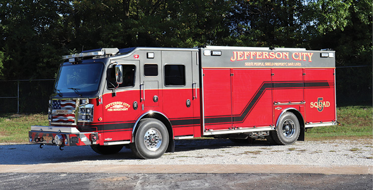 Rosenbauer—Jefferson City (MO) Fire Department, rescue-pumpers (2). Commander cabs and chassis; Cummins L9 450-hp engines; Waterous S100D/C20 1,500-gpm pumps; Pro Poly 750-gallon polypropylene water tanks; 40-gallon foam cells; Elkhart ELK240P-125 eductor foam systems; Command Light Knight KL475-FRC 100,000 lumens light towers. Dealer: Brian Franz, Sentinel Emergency Solutions, Arnold, MO.