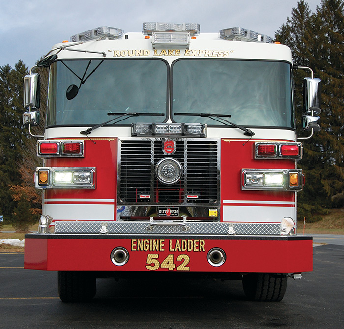 The front of the apparatus boasts a Federal Signal siren and Whelen response lighting.