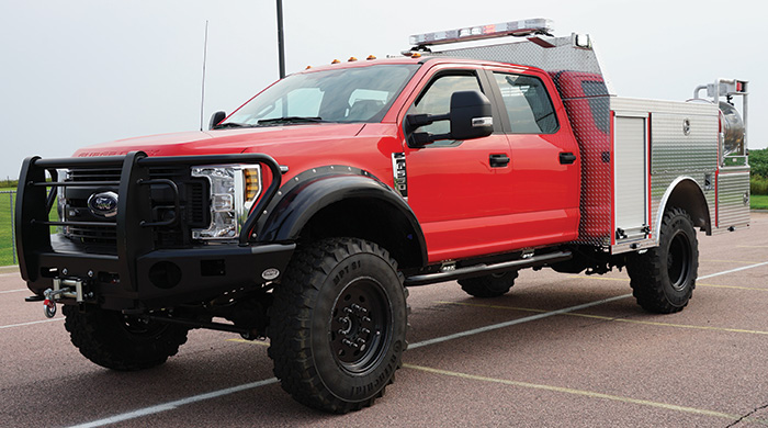 Rosenbauer built this Type 6 wildland engine for the U.S. Army. The rig is on a Ford F-550 four-door chassis and cab and carries a Hale HPX 150-gpm pump, a 300-gallon water tank, and a 20-gallon foam tank. 