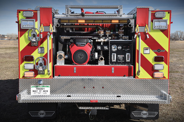 The Type 6 wildland engine SVI Trucks built for the Kremmling (CO) Fire Department features a Mercedes centrifugal pump powered by a 24-horsepower Honda engine and a 300-gallon water tank with removable top.