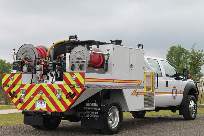 General Truck Body built this Type 6 wildland engine for the Taylor (TX) Fire Department on a Ford F-550 4x4 crew cab and chassis with a Waterax pump powered by a Kubota engine and a 400-gallon polypropylene water tank with a 10-gallon integrated foam tank. 