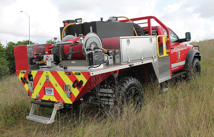 The Sand Hills (TX) Fire Department had General Truck Body build this Type 6 with a Hale pump powered by an 18-horsepower Briggs & Stratton gasoline engine and a 400-gallon polypropylene water tank with a 10-gallon integrated foam tank.