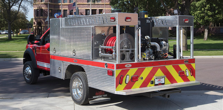 This brush truck was manufactured with an all-aluminum treadplate body. Midwest also offers brush trucks with its All-Poly body