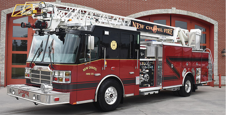 Ferrara—New Albany Township (IN) Fire Department, New Chapel Fire Company, 75-foot aerial ladder quint.