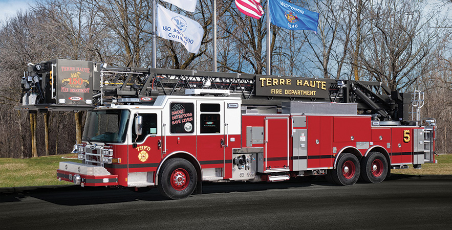 Pierce—Terre Haute (IN) Fire Department 100-foot PUC platform quint. Dash CF cab and chassis; Detroit DD13 505-hp engine; Pierce 1,500-gpm single-stage pump; UPF Poly 300-gallon water tank. Dealer: Tim Learned, Global Emergency Products, Whitestown, IN.