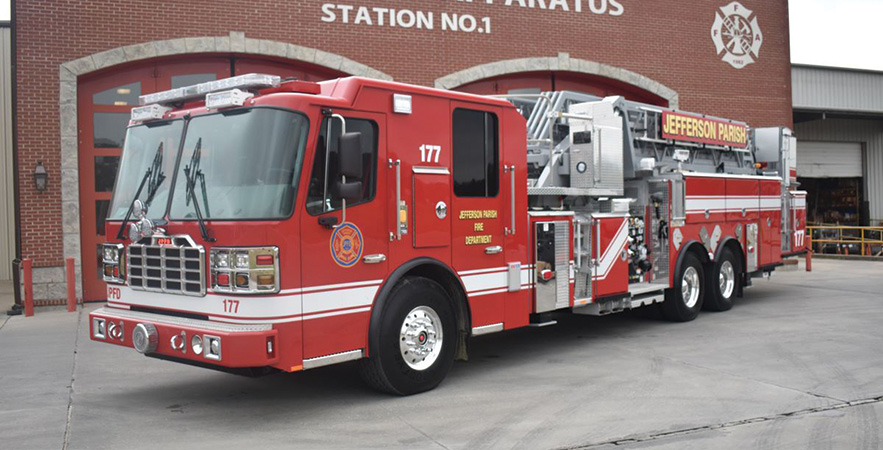 Ferrara—Jefferson Parish (LA) East Bank CFD 100-foot midmount aerial ladder platform. Inferno cab and chassis; Cummins ISX15 600-hp engine; Waterous CSU 1,750-gpm pump; 5-section heavy-duty midmount aerial; 100-foot vertical reach at 72-degrees; Honda EM4000s gas 4-kW and Honda 5-kW 5000s gas generators. Dealer: Brad Williamson, Ferrara Fire Apparatus, Holden, LA.