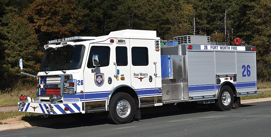 Rosenbauer—Fort Worth (TX) Fire Department pumpers (6). Commander R7008 cabs and chassis; Cummins L9 450-hp engines; Waterous S100 1,500-gpm rear-mount pumps; UPF Poly 750-gallon water tanks; 30-gallon foam cells; FoamPro 2002 single-agent foam systems; Waterous Eclipse 200 CFM CAFS; Command Light KL408A FED light towers; Green Star 8-kW generators; Dealer: Wes Dobmeier, Daco Fire Equipment, Fort Worth, TX. (Photo by Paul Barrett.)