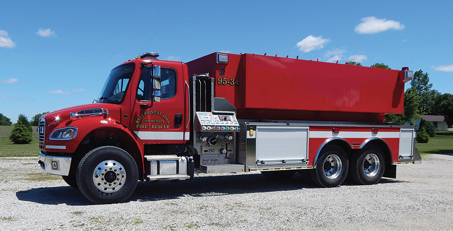 Alexis—West Point St. Paul Community Fire Association, West Point, IA, pumper-tanker. Freightliner M2 cab and chassis; Detroit DD8 7.7L 375-hp engine; 3,000-gallon polypropylene water tank; Darley PSM 1,500-gpm pump; Newton 10-inch square dump valve with 36-inch extension chute; heavy-duty stainless steel body and subframe. Dealer: Greg Landon, Alexis Fire Equipment, Alexis, IL.