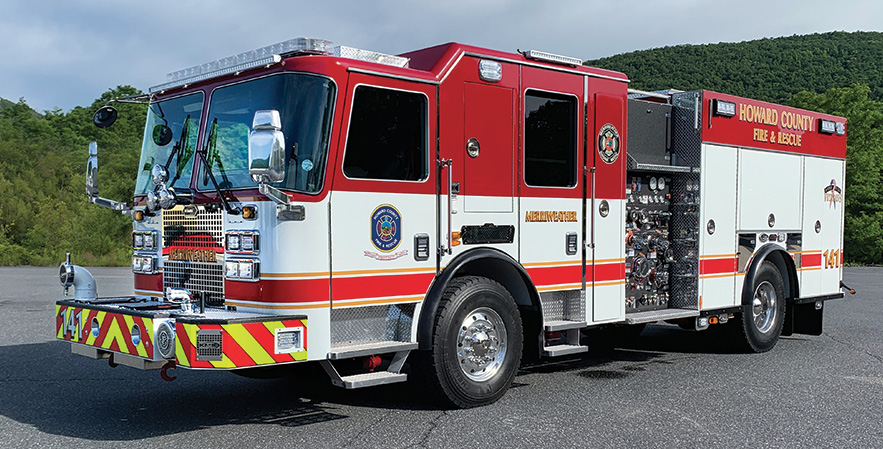 KME—Howard County (MD) Fire & Rescue Services pumper. Severe Service XLFD cab and chassis; Cummins L9 450-hp engine; Hale Qmax 1,500-gpm pump; 500-gallon polypropylene water tank; 30-gallon foam cell. FoamPro 2001 single-agent foam system; Class 1 rear vision camera; SKF-Vogel lube system; 12-gauge 304L stainless steel pumper body; clean cab concept. Dealer: Tim Allaband, Matheny Fire & Emergency Services, Woodbridge, VA.