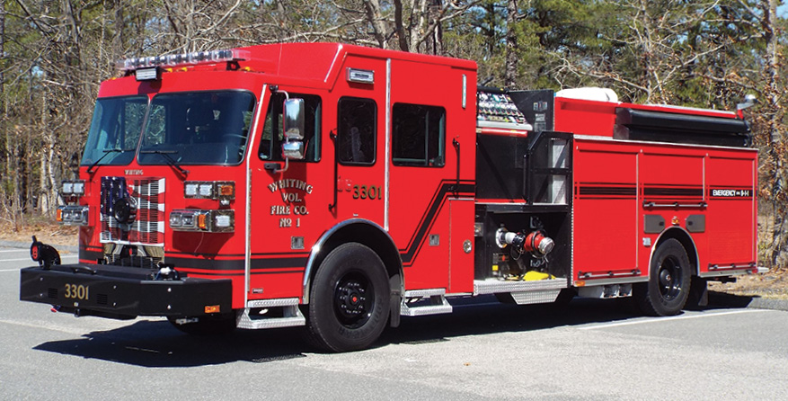 Sutphen—Whiting Fire Company, Manchester Township, NJ, pumper. Monarch cab and chassis; Cummins L9 450-hp engine; Hale Qmax 2,000-gpm pump; UPF Poly 1,000-gallon water tank; 50-gallon foam cell; Hale FoamLogix 5.0 single-agent foam system; Will-Burt Night Scan 6,000-watt light tower; Smart Power 10-kW generator; Akron Apollo deck gun. Dealer: Joe Quather, Blaze Emergency Equipment, Browns Mills, NJ. (Photo by John M. Malecky.)