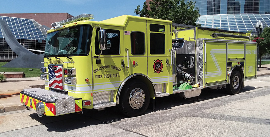 Pierce—Hollywood Heights Fire Protection District, Caseyville, IL, pumper-tanker. Saber cab and chassis; Cummins L9 450-hp engine; Hale DSD 1,500-gpm pump; IPF Poly 1,800-gallon water tank; 20-gallon foam cell; eductor foam system; Whelen PCP2 light tower. Dealer: Mike Yurgec, Global Emergency Products, Aurora, IL.