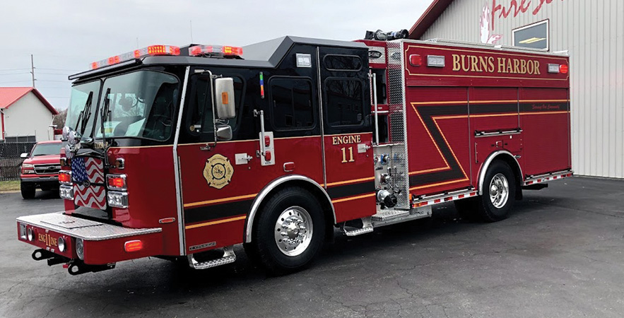 E-ONE—Burns Harbor (IN) Fire Department eMAX pumper. Typhoon cab and chassis; Cummins L9 450-hp engine; E-ONE eMAX 1,500-gpm pump; UPF Poly 783-gallon water tank. Dealer: Matt Timmer, Fire Service Inc., St. John, IN.