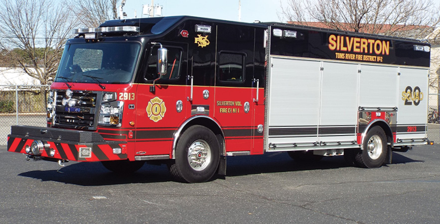 Rosenbauer—Silverton Fire Company, Toms River Township, NJ, pumper-squad. Commander cab and chassis; Cummins X15 600-hp engine; Hale 8FG 2,000-gpm pump; UPF Poly 750-gallon water tank; Onan 6-kW generator; FRC Spectra scene lights. Dealer: Bob Gray, Defender Emergency Products, Brick, NJ. (Photo by John M. Malecky.)