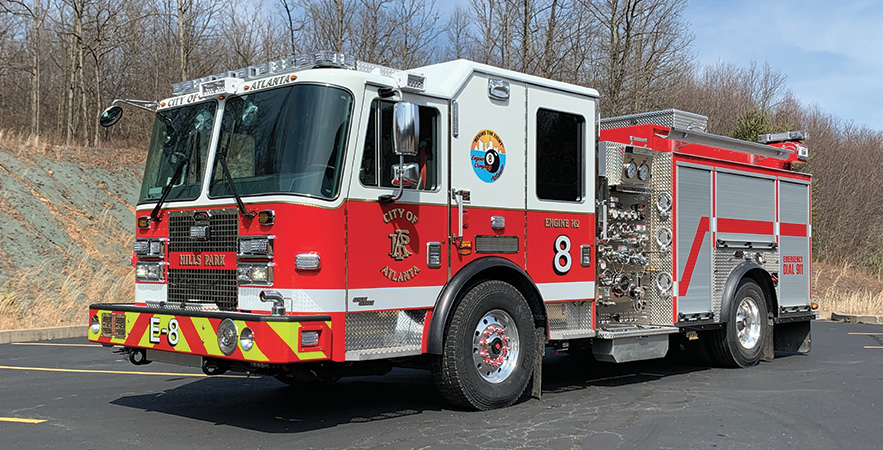 KME—Atlanta (GA) Fire Department pumpers (6). Severe Service XMFD cabs and chassis; Cummins L9 450-hp engines; Hale Qmax 1,500-gpm pumps; 500-gallon polypropylene water tanks; 30-gallon foam cells; Elkhart 125-gpm foam eductor systems; Zico electronically controlled ladder racks; David Clark intercom systems; ASA Voyager camera systems. Dealer: Wendell Faulkner, Fireline Inc., Winder, GA.