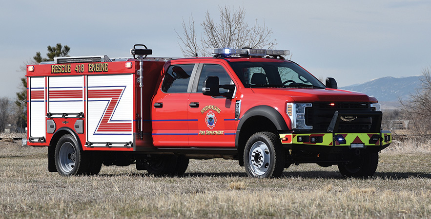 SVI—Kremmling (CO) Fire Protection District Type 6 brush unit. Ford F-550 Super Duty extended four-door cab and chassis; 6.7L Power Stroke diesel engine; National Fire Fighter NFF4 24-hp 110-gpm portable pump; 300-gallon polypropylene water tank; 10-gallon foam cell; FoamPro 1600 single-agent foam system; OnScene Solutions aluminum slide-out trays. Dealer: Jason Kline, SVI, Fort Collins, CO.