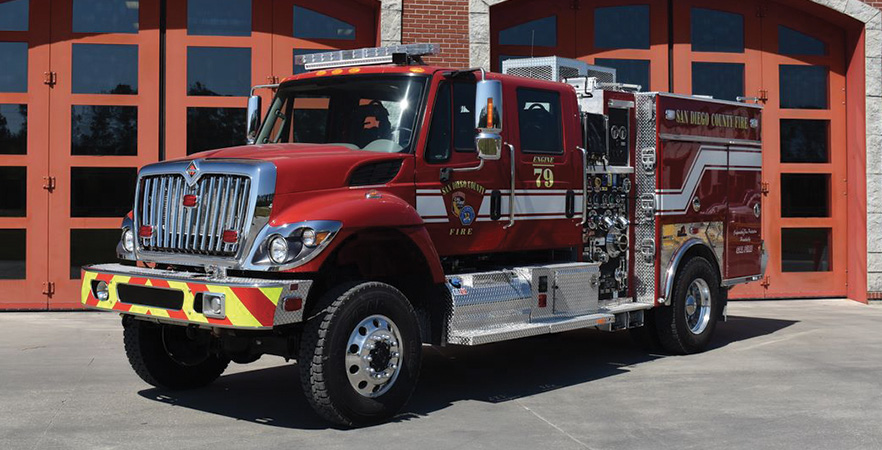 Ferrara—San Diego County (CA) Fire Authority Type 3 wildland unit. International 7400 SFA cab and chassis; Cummins L9 330-hp engine; Hale RSD 1,000-gpm PTO pump; 500-gallon polypropylene water tank; 20-gallon foam cell; FoamPro 2001 single-agent foam system. Dealer: Mike Doran, Ferrara Fire Apparatus, Holden, LA.