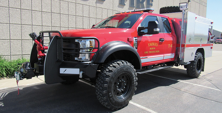 Midwest Fire—Tarkio (MO) Rural Fire Department brush truck. Ford F-550 Super Cab and chassis; Power Stroke 6.7L 4V OHV 330-hp diesel engine; Darley 2BE 21-hp 375-gpm portable pump; UPF Poly 400-gallon water tank; 8-gallon foam cell; Scotty around-the-pump single-agent foam system; Elkhart Sidewinder monitor; Warn Zeon 9,500-pound winch. Dealer: Jeff Bowen, Midwest Fire, Luverne, MN.