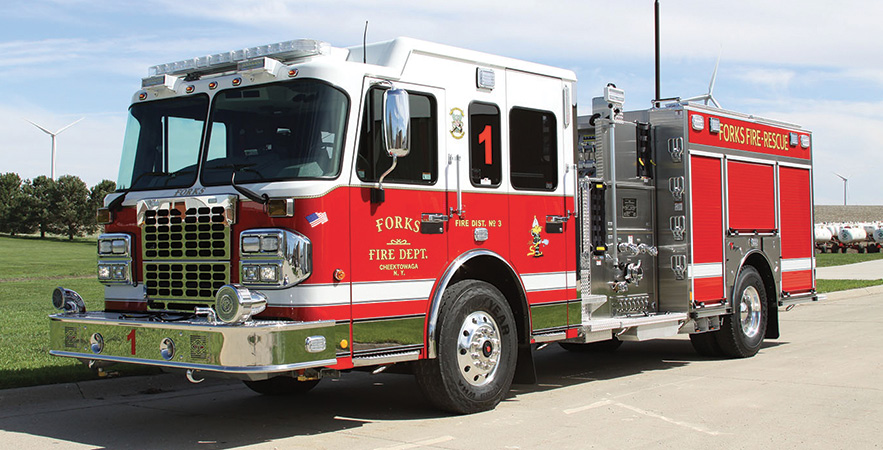 Toyne—Forks Fire District, Cheektowaga, NY, pumpers (2). Spartan Metro star cabs and chassis; Cummins L9 450-hp engines; Hale Qmax 1,500-gpm pumps; UPF Poly 1,000-gallon water tanks; stainless-steel fire bodies; Harrison 6-kW generators; TFT XFT-NJ monitors with 18-inch Extend-A-Guns. Sold by Randy Smalley, Tri State Fire, Monogahela, PA.