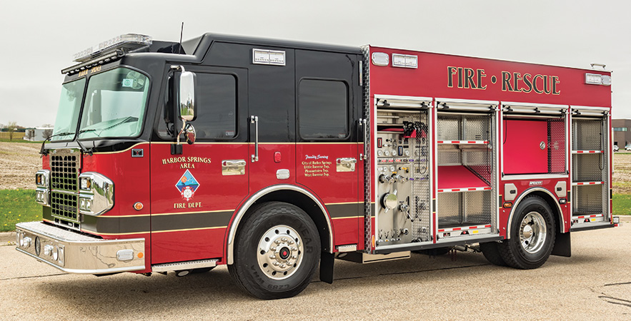 Spencer Manufacturing—Harbor Springs (MI) Fire Department pumper. Spartan Metro Star cab and chassis; Cummins L9 450-hp engine; Hale Qmax XS 1,500-gpm pump; UPF Poly 1,031-gallon water tank; 30-gallon foam cell; Hale FoamLogix 2.1A single-agent foam system. Dealer: Steve Buckner, Spencer Manufacturing, South Haven, MI.