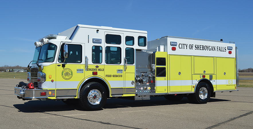 CustomFIRE—Sheboygan Falls (WI) Fire Department pumper. Spartan Gladiator cab and chassis; Cummins L9 450-hp engine; Waterous CSUC20 1,500-gpm pump; 1,000-gallon polypropylene water tank; 20-gallon and 40-gallon foam cells; FoamPro 3012 dual-agent foam system; Waterous 200-cfm CAFS, Harrison 6-kW generator. Will-Burt Night Scan Chief NS 2.3 600WHL light tower. Dealer: Wayde Kirvida, CustomFIRE, Osceola, WI.