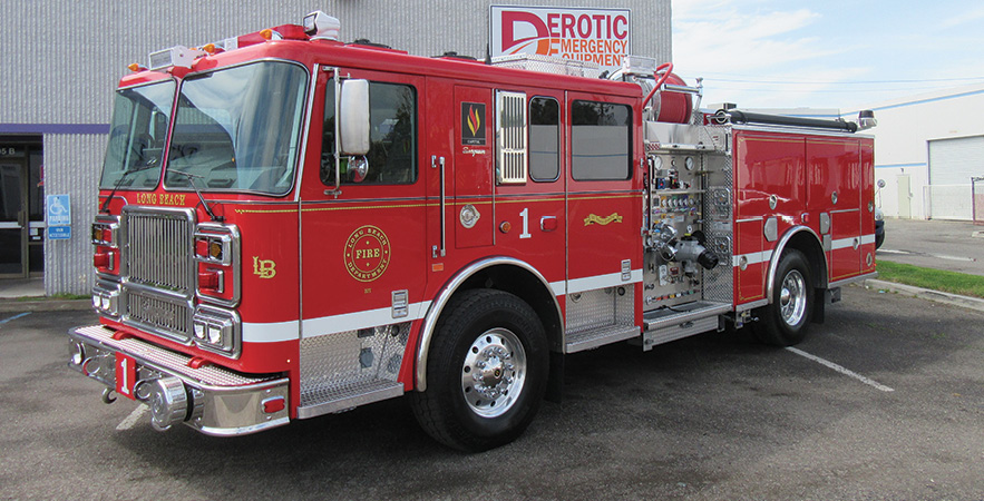 Seagrave—Long Beach (CA) Fire Department pumper. Capitol stainless steel cab and chassis; Cummins X12 500-hp engine; Waterous CMU 1,500-gpm two-stage pump; stainless steel fire body; 500-gallon polypropylene water tank; 20-gallon foam cell; FoamPro 2002 single-agent foam system; Akron Apollo deck gun with 18-inch TFT Extend-A-Gun; 3rd Eye mobile rear-view camera. Dealer: Jim DeMatti, Derotic Emergency Equipment, El Dorado Hills, CA.