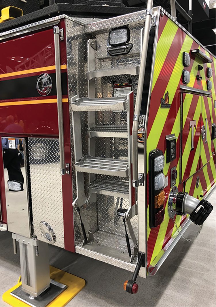 This Ferrara apparatus has a hinge-type design with gas cartridge assist that helps deploy and stow the access ladder. 