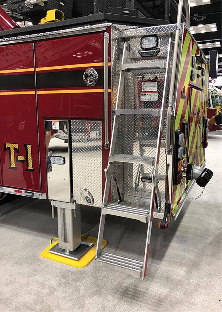 This Ferrara’s access ladder is shown in the down position. Note that the lower section will hinge away from the apparatus when it is being deployed. 