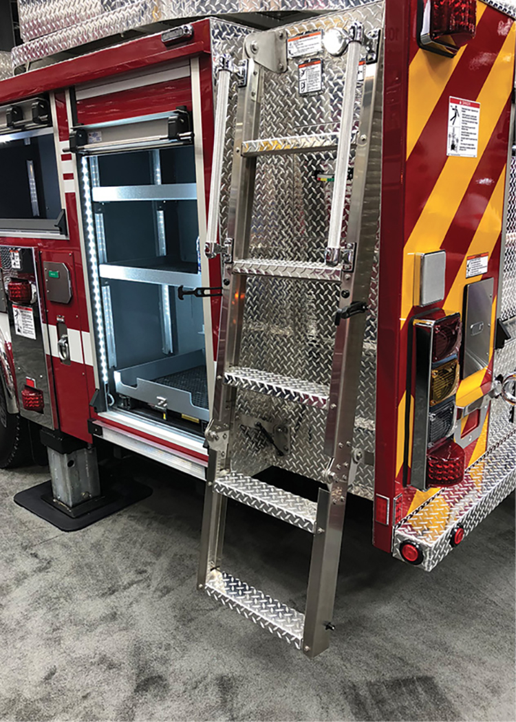 Spartan’s access ladder shown in the deployed position also has a gas cartridge design to assist in deploying and stowing. There are two rubber handle releases that allow the bottom of the ladder to hinge into position.