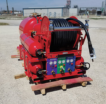 This small ARFF skid unit built by Unruh Fire for the Las Cruces (NM) Fire Department has a TRI-MAX T5200 CAFS unit, 200 gallons of premix solution, and a twin-agent hose reel.