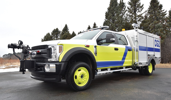 Rosenbauer built this Airwolf C2 small ARFF truck for the U.S. Coast Guard at Port Angeles (WA) on a Ford F-550 chassis and four-door cab with a Darley 2-1/2 AGE 300-gpm pump, 300 gallons of water, 40 gallons of foam, and a 500-pound dry chemical tank. (Photos 4-7 courtesy of Rosenbauer.) 