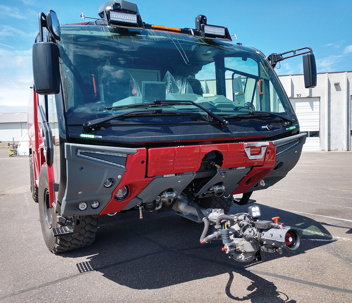 Some smaller airports move up to larger size ARFF trucks like this Panther 4x4 built by Rosenbauer for the Portland (ME) International Jetport Airport. Note the RM35 high-volume low-attack (HVLA) bumper turret.