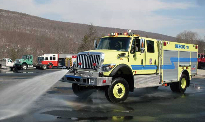 The Williamsport (PA) Regional Airport runs this KME FORCE Class 3 ARFF truck, shown here exercising its bumper turret.