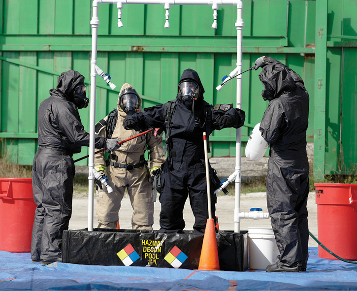 Firefighters wearing Lion’s MT94 hazmat gear undergo decon after an incident.