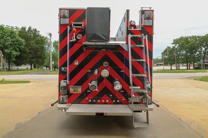 The rear-mount rescue-pumper has a Hale RSD 1,750-gpm single-stage pump, a 750-gallon water tank, a 40-gallon foam tank, a Hale SmartFOAM system, a SAM Control System, and a Pneumax 200-cfm CAFS