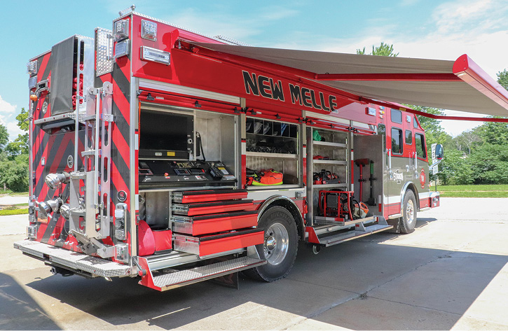 The New Melle rescue-pumper has its control panel in the R4 compartment that is protected by a curbside awning.