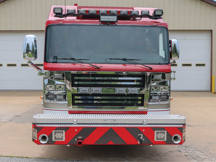 The front of the rescue-pumper has a 28-inch extended front bumper and covered full-width hose trays holding two 200-foot lengths of 1¾-inch hose and one 100-foot length of 1¾-inch line.