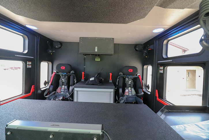 The crew cab on the rescue-pumper has two outboard forward-facing H.O. Bostrom seats with a cabinet between them. Behind the driver’s and officer’s seats are two gear compartments, accessible from the exterior.